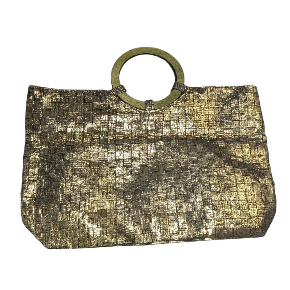 Bjoux Terner Gold Basketweave Summerbag Tote Bag - Large Handbag with Round Wood